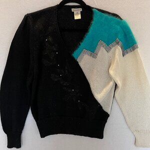 VTG Susann D 1980s Glam Color Block‎ Sweater Medium Black White Blue Rhinestones